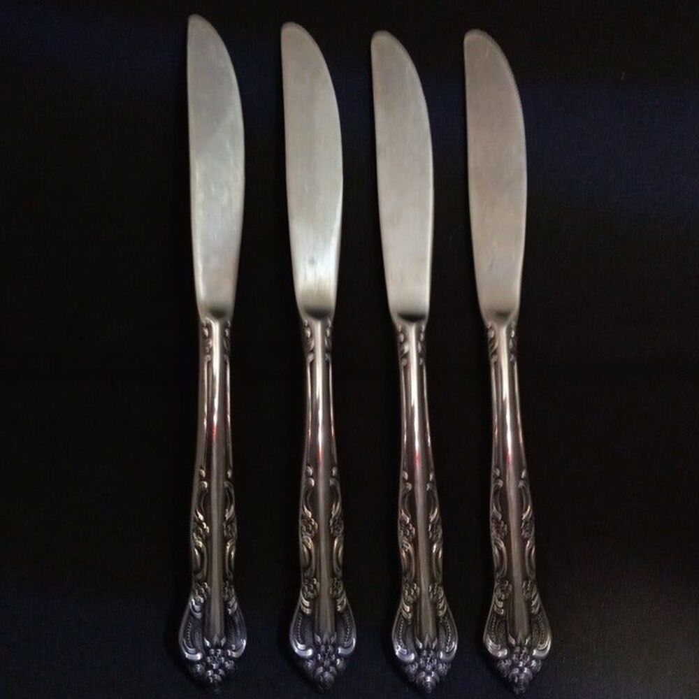 United Silver Stainless Acadia Modern Dinner Knife-Japan-Floral-Pierced-Lot of 4